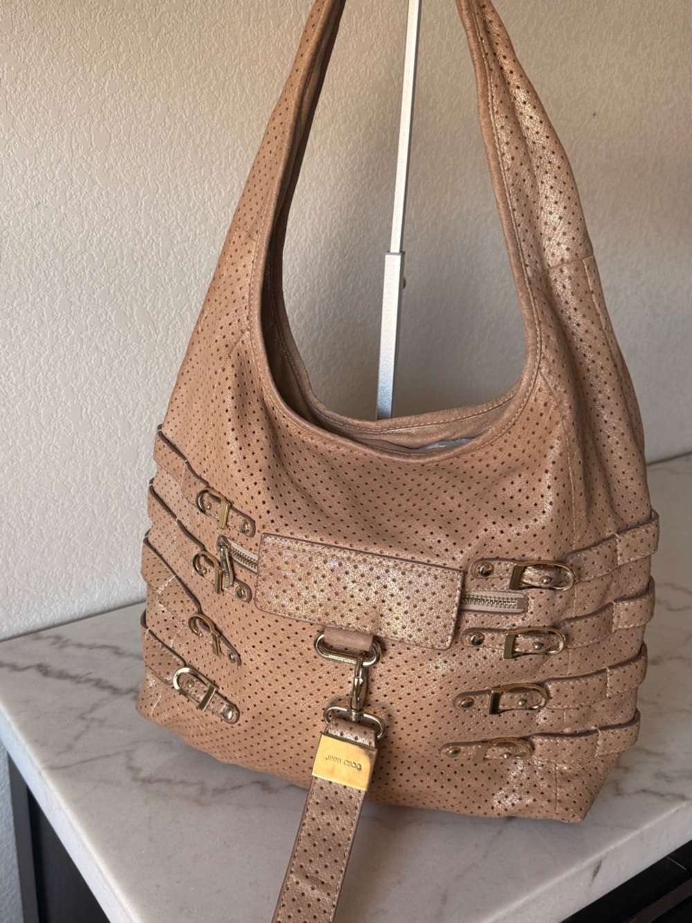 Jimmy Choo Bardia Perforated Shimmer Suede Buckle Strap Hobo Shoulder Bag - Picture 5 of 14